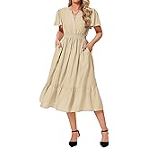 Women's Flutter Ruffle Sleeve V Neck A-Line High Elastic Wasit Flowy Midi Tiered Dress Casual Vacation Boho Beach Ankle Length Tunic Dresses with Pockets 2025 009 Small Beige S