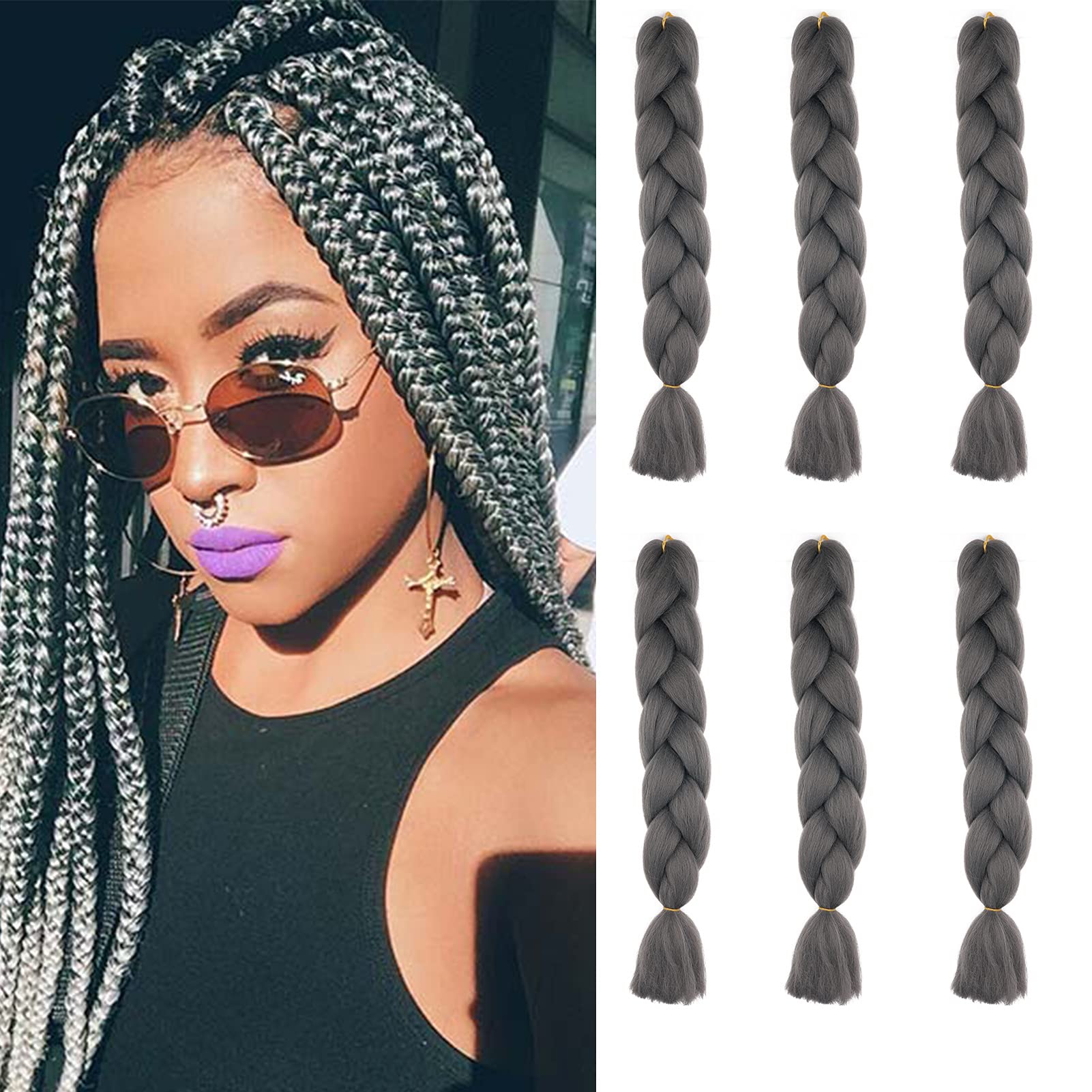 Cybelleza 6 Pcs /600g 24" Braiding Hair Extensions Jumbo Braids Synthetic Crochet Hair Afro Box Braid Heat Resistent (Dark Gray)