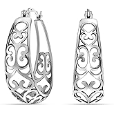 LeCalla 925 Sterling Silver Chunky Hoop Earrings | Filigree Mesh Heart Click Top Hoops for Women