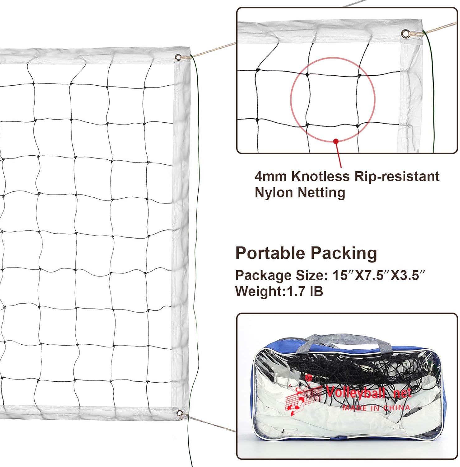 ATINUS Volleyball Net, Portable Volleyball Net for Pool Beach Indoor and Outdoor Play with Steel Cable Rope (32 FT x 3 FT) Poles Not Included : Sports & Outdoors