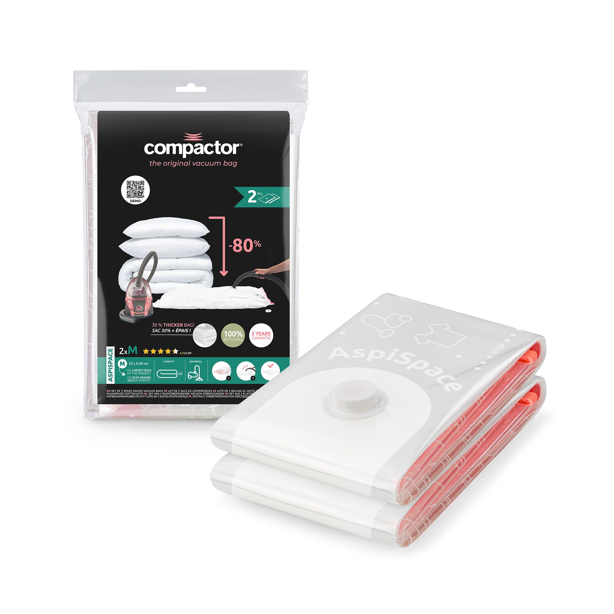 Compactor Aspispace Set of 2 M Vacuum Compression Bags - Transparent, 55X90 cm, Reusable, Ultra-Efficient