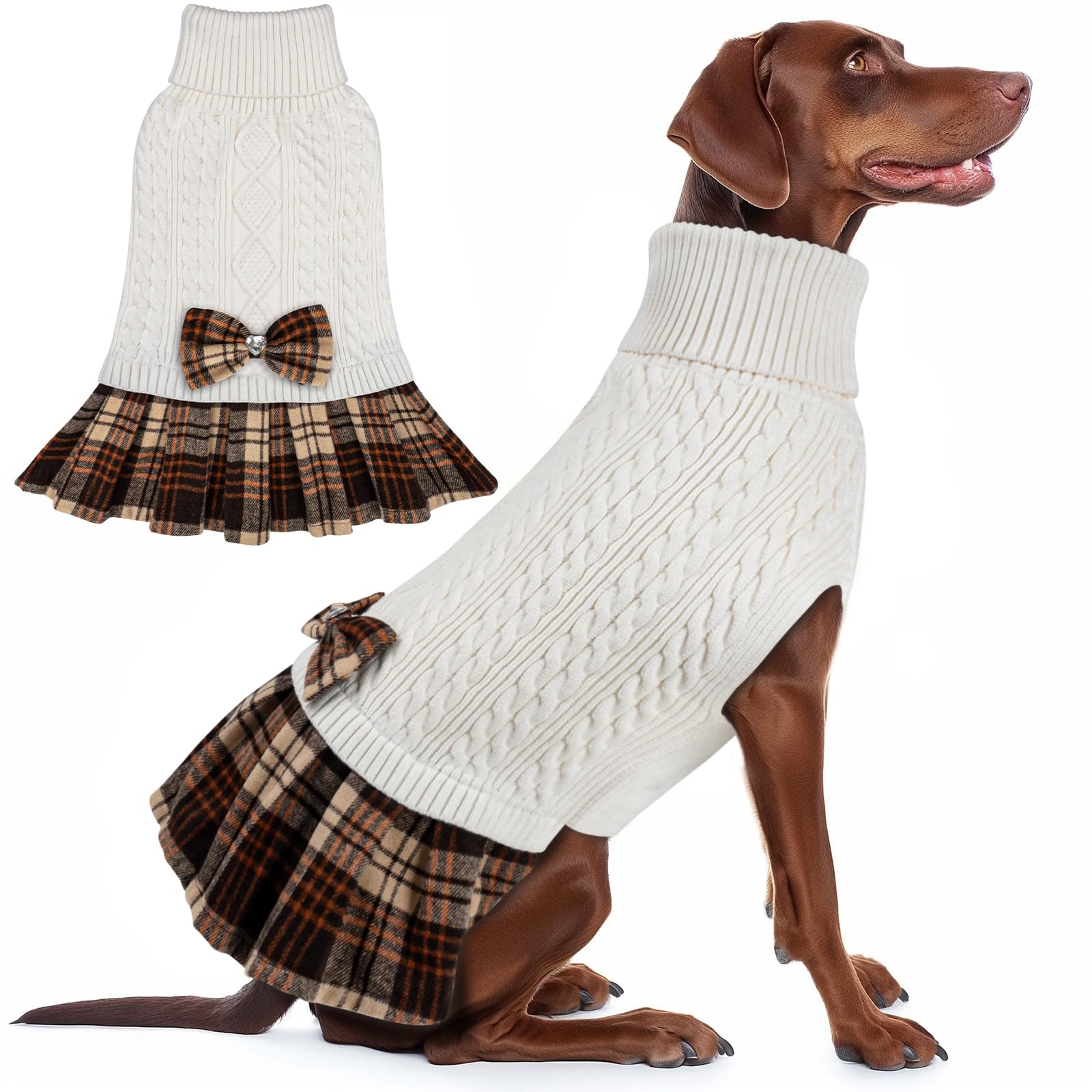 KYEESE Dog Sweater Pullover Dog Sweaters for Large Dogs Soft Turtleneck Pet Sweater Dress with Bowtie Warm Comfy Pet Coats Thick Dogs Clothes, White, XXX-Large Image