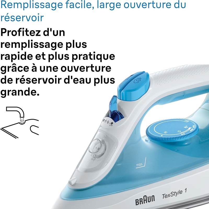 Fer à Repasser TexStyle 1 SI1029BL, Semelle Anti adhésif, 120g/min Jet Vapeur, Fonction Pulvérisation, Chauffe Rapide (35s), Mode Éco, 220ml, 1900W, Azur