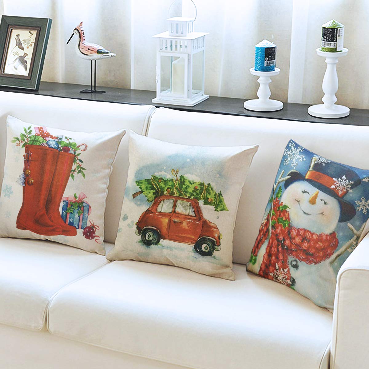 TIGERNU Throw Pillow Covers 18x18 inch (45x45cm) Linen Pillowcases Christmas Decorations Winter Snow Auto Church Cushion Cover for Couch Bed Sofa Car- Set of 4