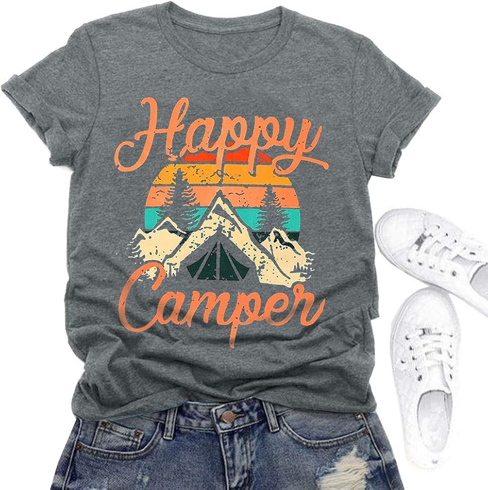 Happy Camper Shirt Tank Tops Women Cute Graphic Tees Summer Hiking Travel Tank Vest at  Women’s Clothing store