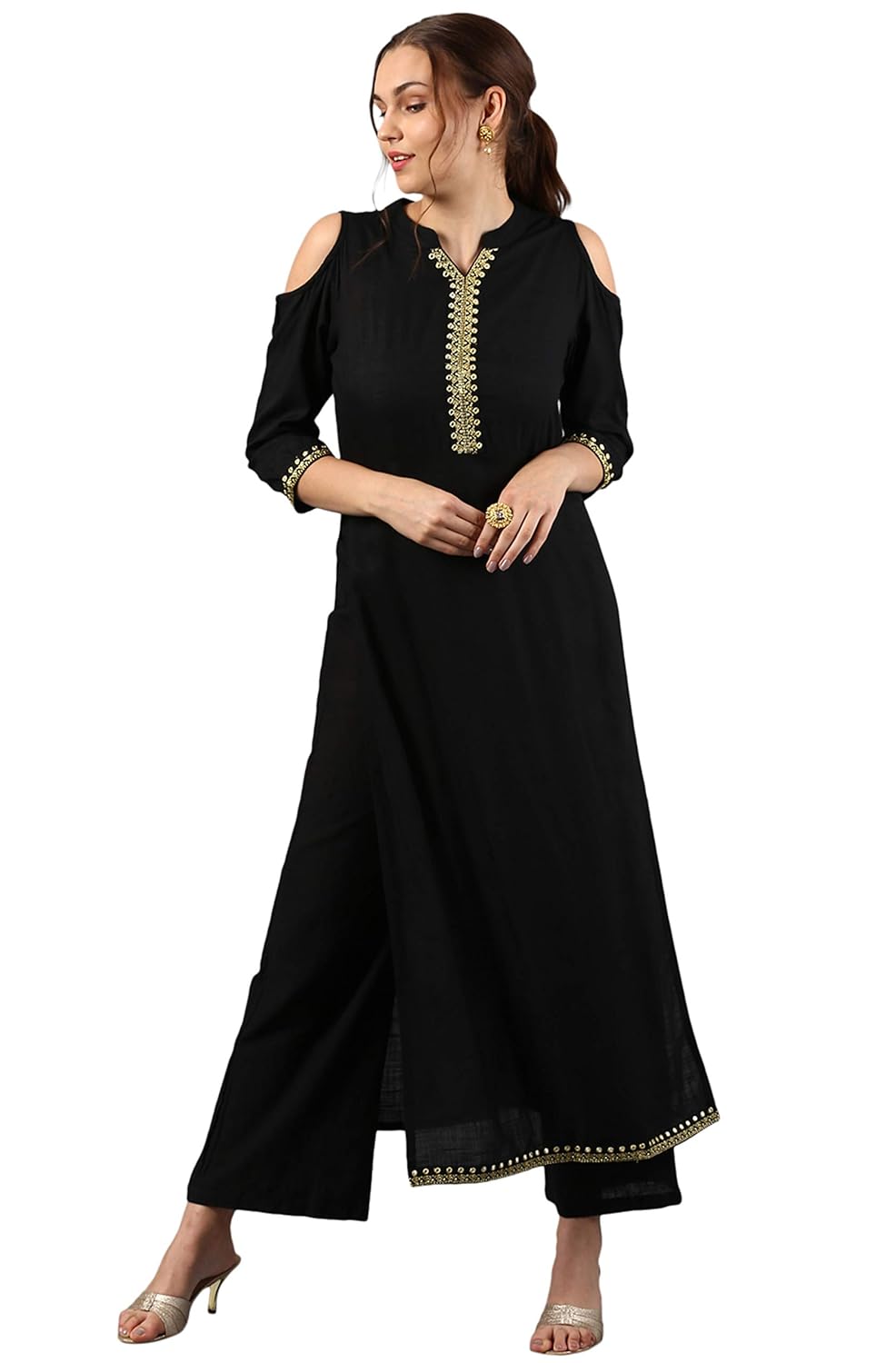 janasya women's rayon mirror work straight kurta with palazzo