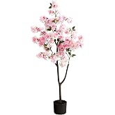 Nearly Natural 4 ft Artificial Cherry Blossom Tree Pink Flowers Room Decor | Lifelike White-Accented Petals, Rhythmic Maintenance-Free Foliage, Nursery Planter Included, Perfect for Awkward Corners