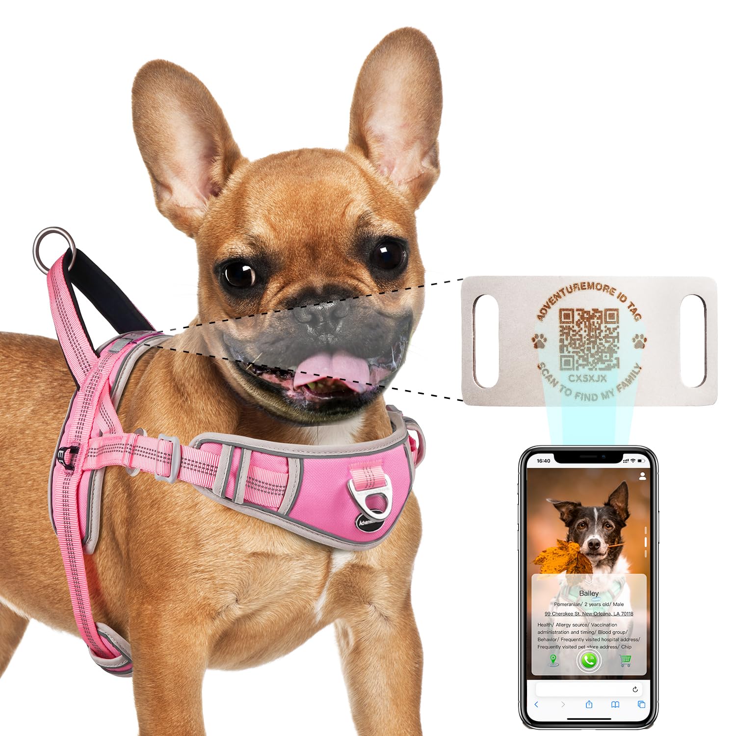 Photo 1 of ADVENTUREMORE Dog Harness Small Dog No Pull with QR Code Dog Tag, Adjustable Reflective Dog Vest Escape Proof Dog Harness Smart ID Tag with Easy Control Front Clip Handle for Walking S Pink