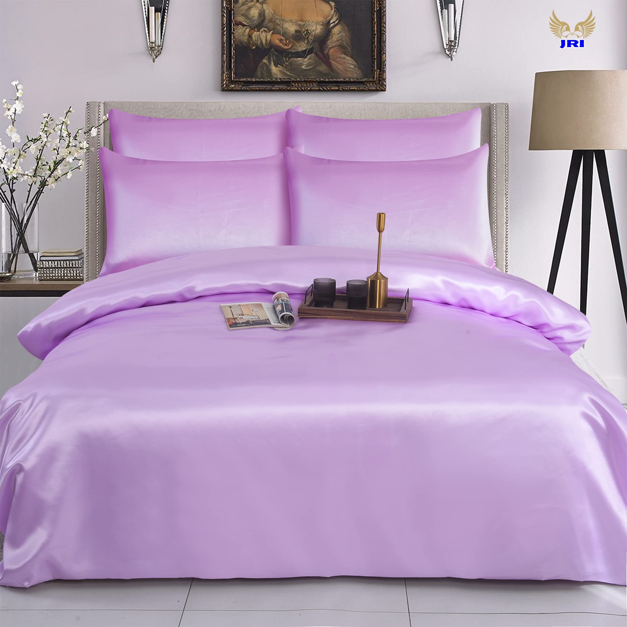 6PCS Satin Duvet Cover Bedding Set Plain Luxury Soft Bed Set Include (1xDuvet Cover, 1xFitted Sheet, 4xHousewife Pillow Case) (King, Lilac)-(Same Day Dispatch)