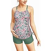 Maacie Maternity Athletic Tankini Swimsuits Two Piece Floral Print Ruched Tops with Shorts