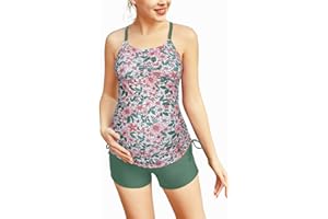 Maacie Maternity Athletic Tankini Swimsuits Two Piece Floral Print Ruched Tops with Shorts