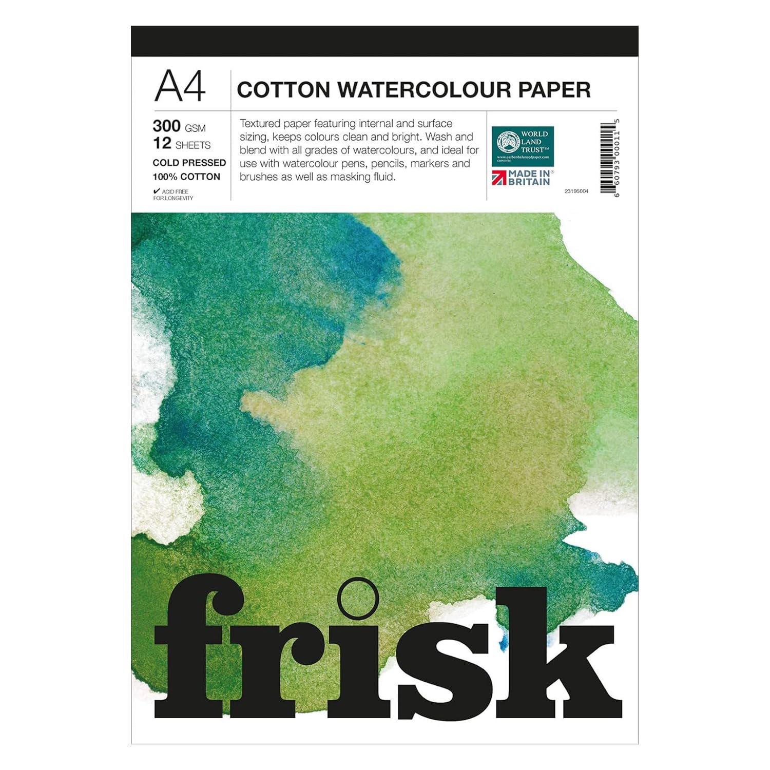 Frisk Watercolour Paper Pad 300gsm 100% Cotton Cold Pressed/Not 12sheets A4, White (23195004)