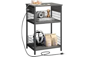 LDTTCUK Side Table with Charging Station & USB Ports,3-Tier End Table for Living Room,Study,Bedroom,Narrow Sofa Table Bedside Table with Storage Shelf,Gray Small Nightstand