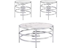 SYBRIOKA Round Coffee Table and End Table Set of 3, Marble Stone Living Room Table Modern Sofa Side Table, Silver Chrome Metal Frame, Furniture Set for Home Office (Set of 3, Silver)