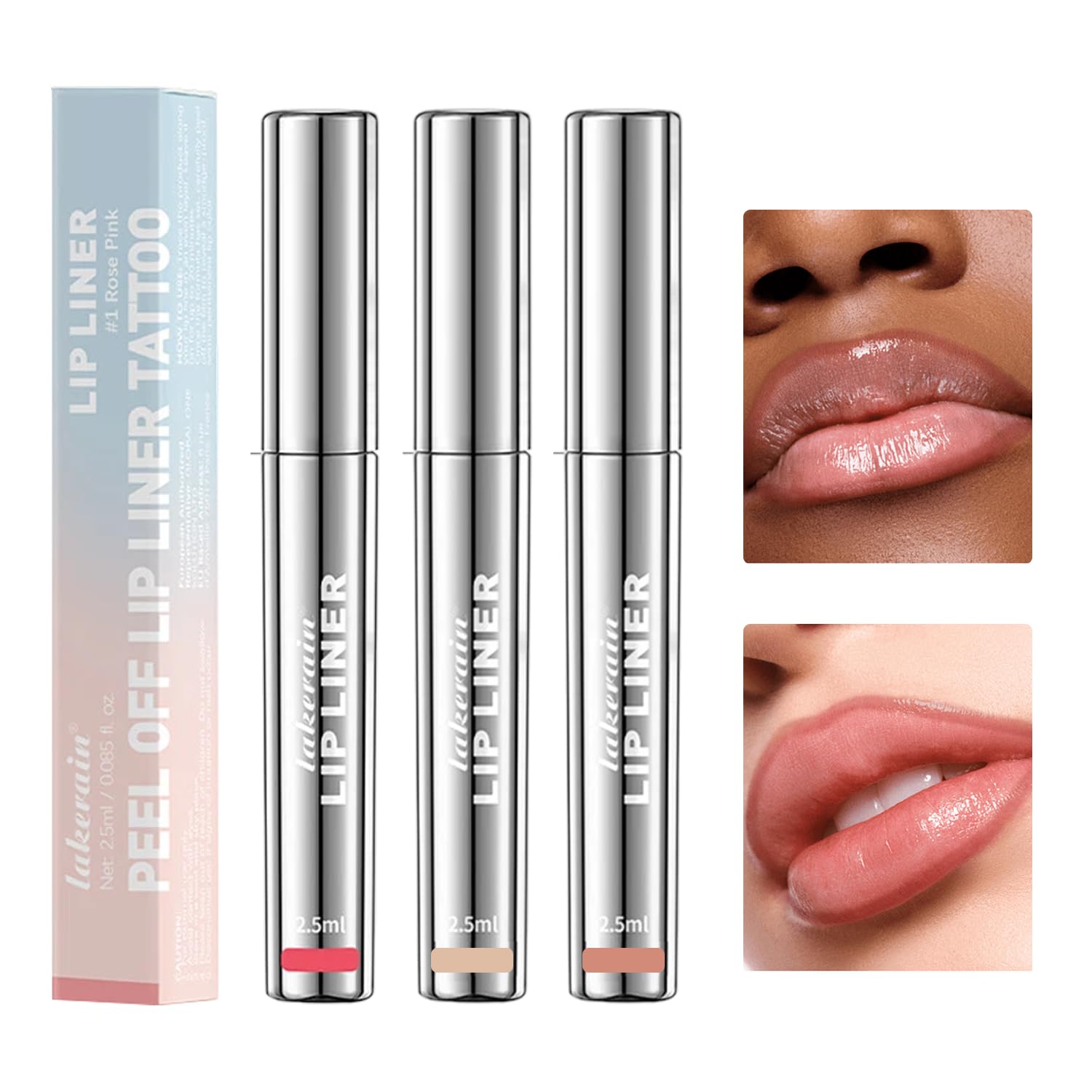 Huipalon 3 Pcs Lip Stain Peel Off Highly Pigmented Peel Off Lip Liner Tattoo Long Lasting Peel Off Lip Stain Waterproof Lip Liner Set (Rose Pink, Neutral Mauve, Brown)