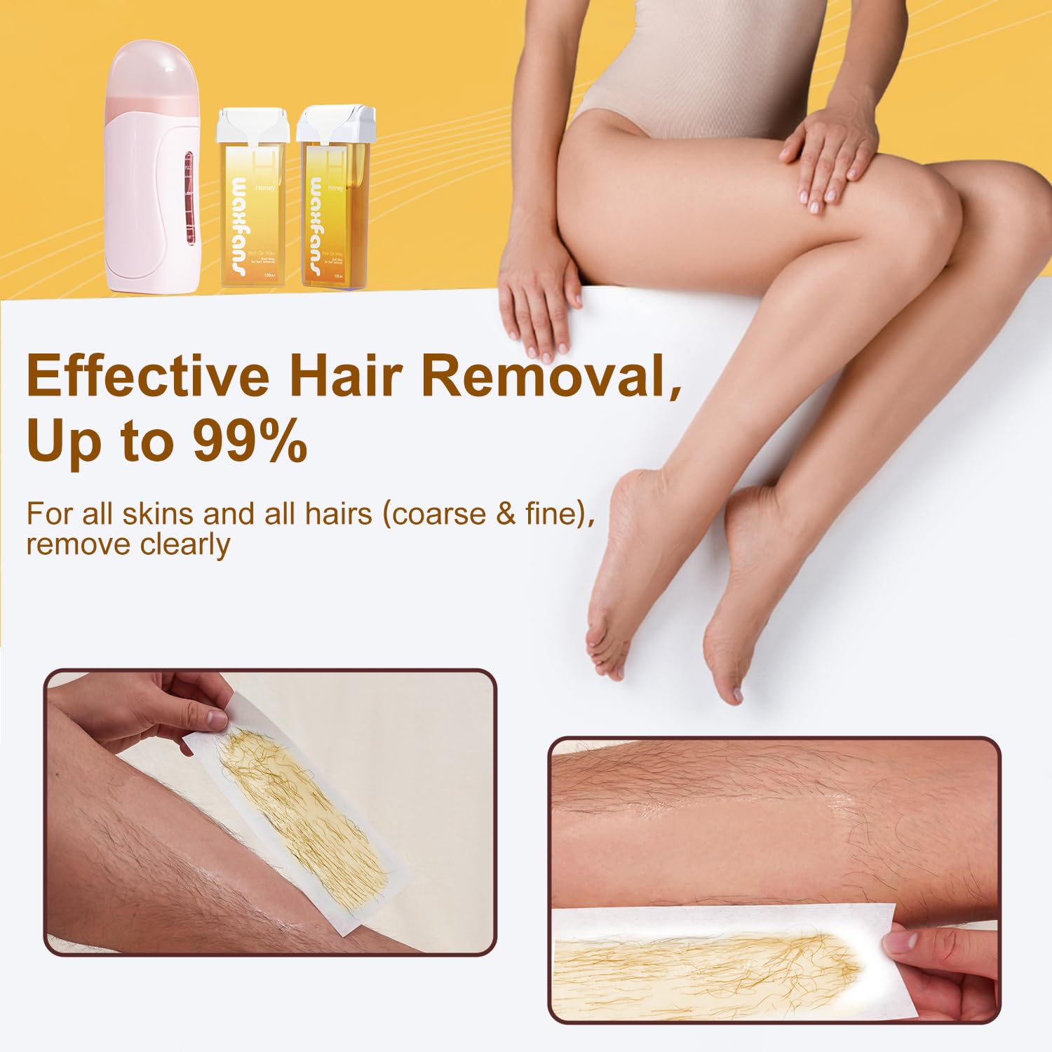 Roll On Wax Refill,Waxing Roller Refill for Hair Removal,100% Natural,Quick Melting - For Coarse and Fine Hairs.with 3.53 Ounce(Pack of 4) Honey Wax Rollers, 50 Strips (Honey)