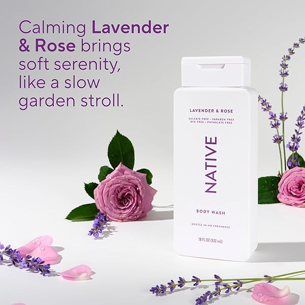 NATIVE BODY WASH CONTAINS NATURALLY DERIVED INGREDIENTS | FOR WOMEN & MEN, SULFATE, PARABEN, & DYE FREE LEAVING SKIN SOFT AND HYDRATED | LAVENDER & ROSE 18 OZ