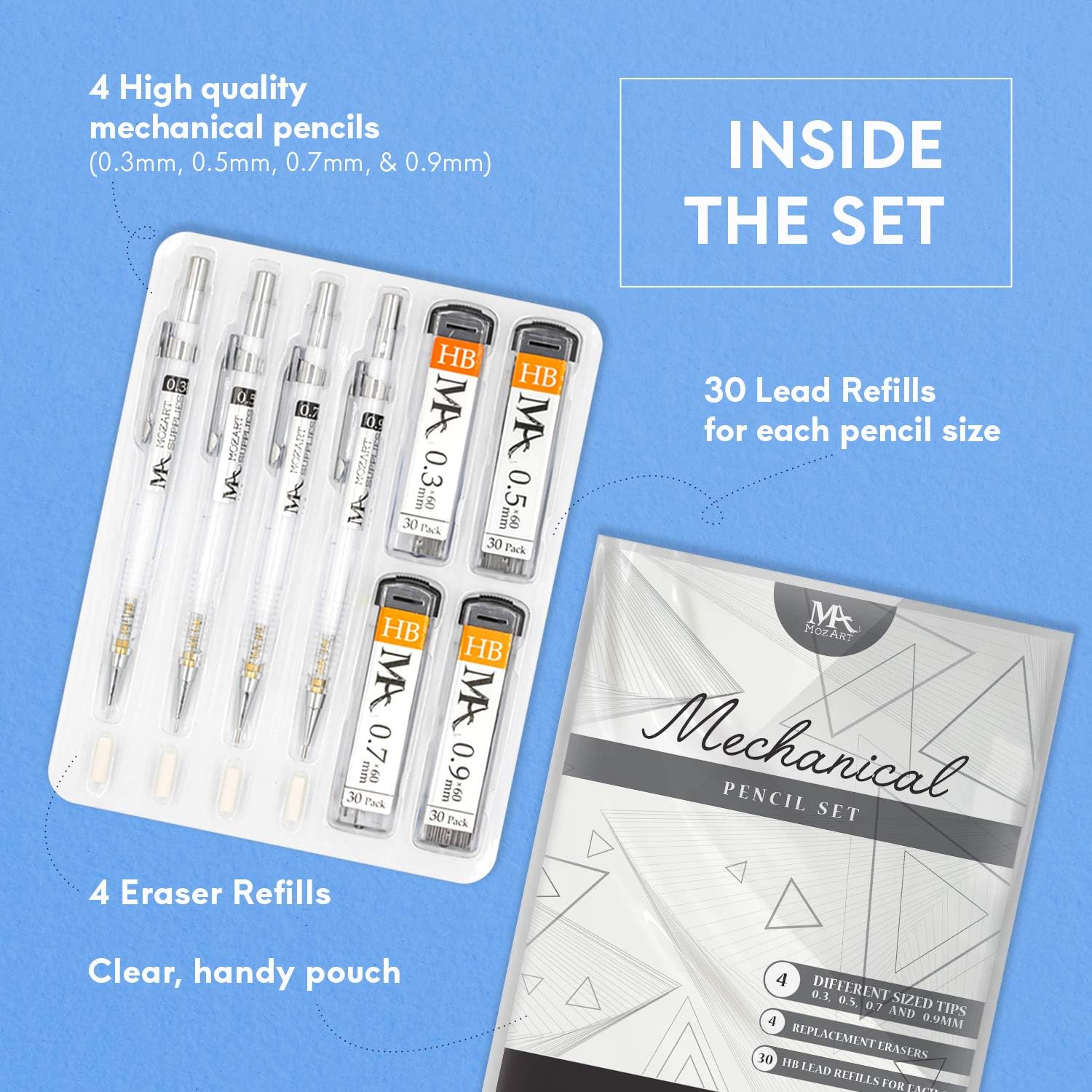 MozArt Supplies Mechanical Pencil Set - 4 Sizes: 0.3, 0.5, 0.7 & 0.9 mm, 30 HB Lead refills each & 4 Eraser Refills - Drafting, Sketching, Illustrations, Architecture (plastic 2) : Office Products