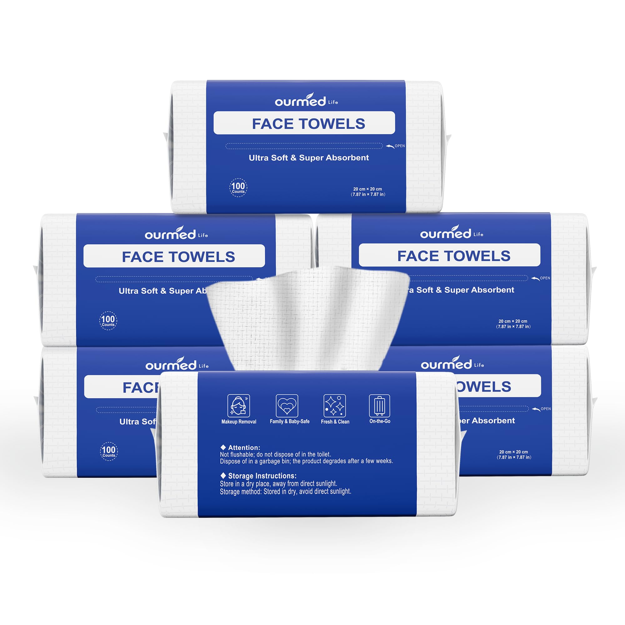 Photo 1 of Ourmed Life Face Towels, Disposable Biodegradable Clean Facial Wash Cloth for Sensitive Skin, Lint- free Facial Towels for Cleansing, Skincare and Makeup Remover, Dry Wipes,600 Count?EF texture