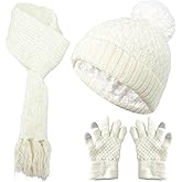 Heliltd 3pcs Kids Winter Hat Scarf Gloves Set Fleece Lined Knit Beanies with Pom Pom Warm Mittens for Boys Girls 3-12 Years