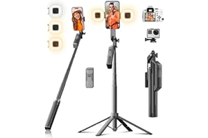 Selfie Stick Phone Tripod - 71 inch Tall Cell Phone Holder with Detachable Wireless Remote and 2 LED Lights for Recording, Vi