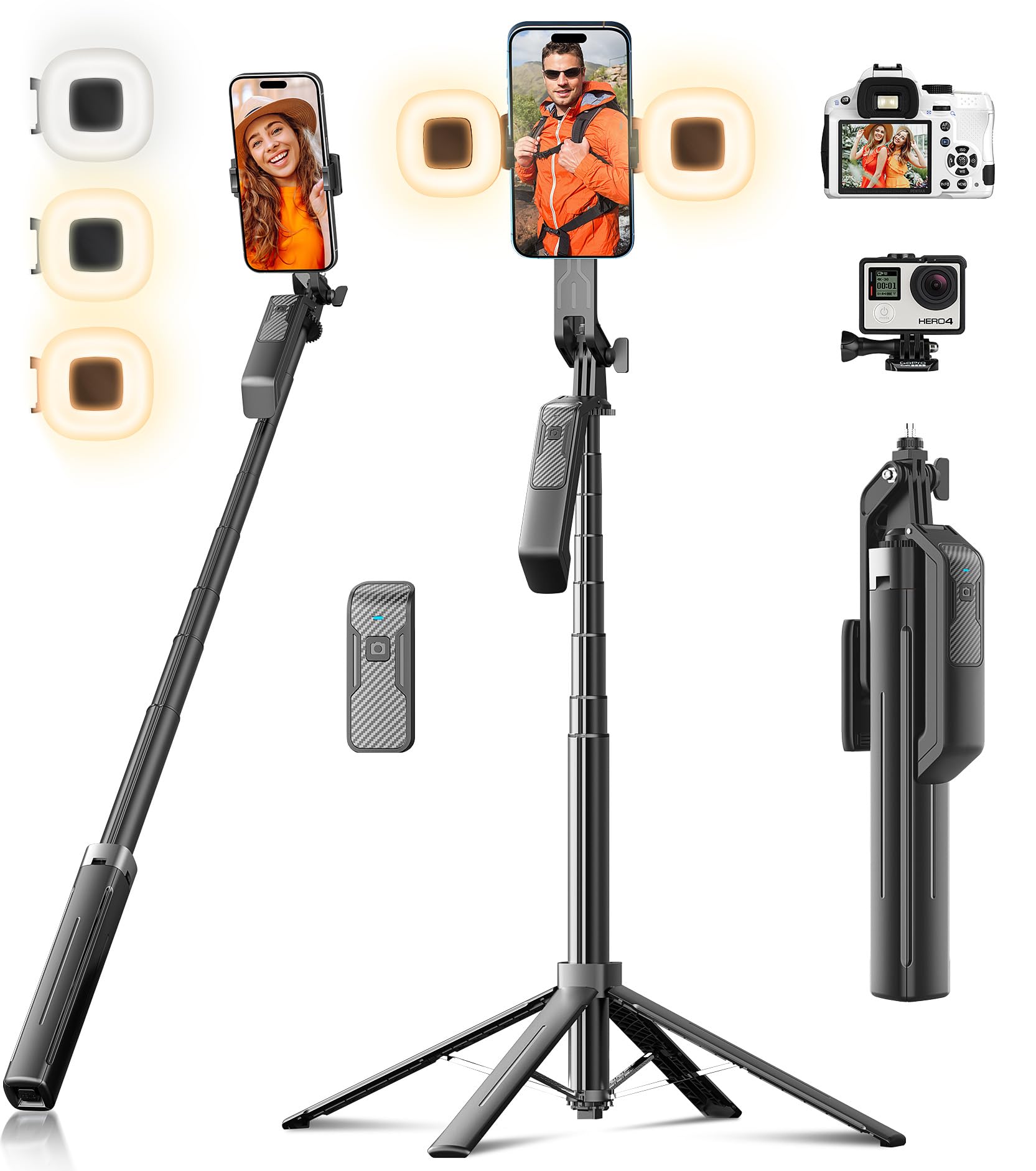 Funxee Selfie Stick Tripod - 71" Tall Cell Phone Holder with Detachable Wireless Remote and 2 LED Lights for Recording, Video and Picture, Phone Stand for iPhone, Android, Camera & GoPro