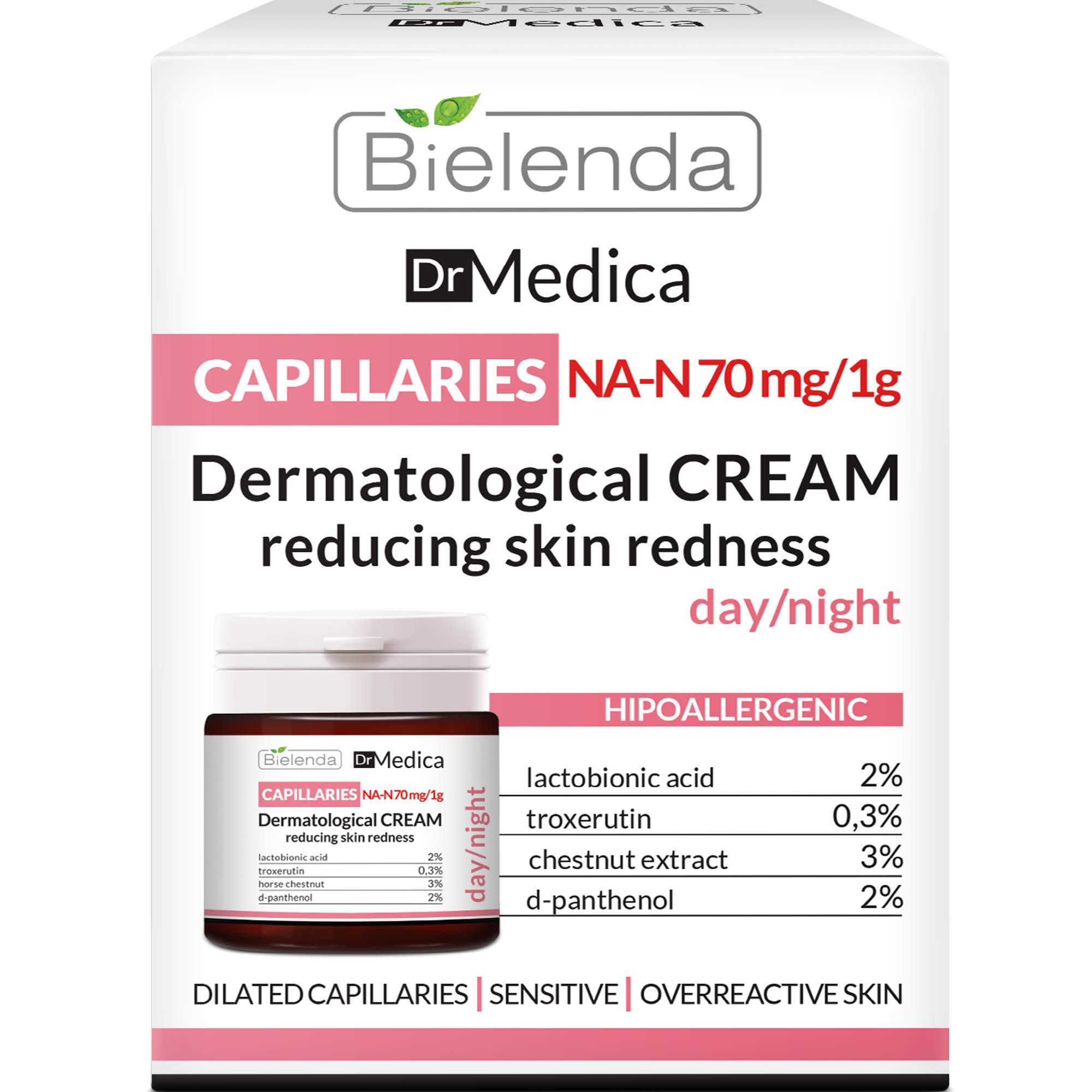 Bielenda Dr Medica - Reduces Skin Redness, Prevents The Formation Of New Veins Enhances Elasticity Of Capillaries - Dr Medica Capillary Skin Dermatologic Anti-Redness Face Cream Day/Night - 50 ml