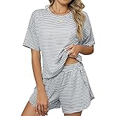 HDQHDQ Womens 2 Piece Pajama Set Striped Short Sleeve and Side Split Shorts Sets Cute Pjs
