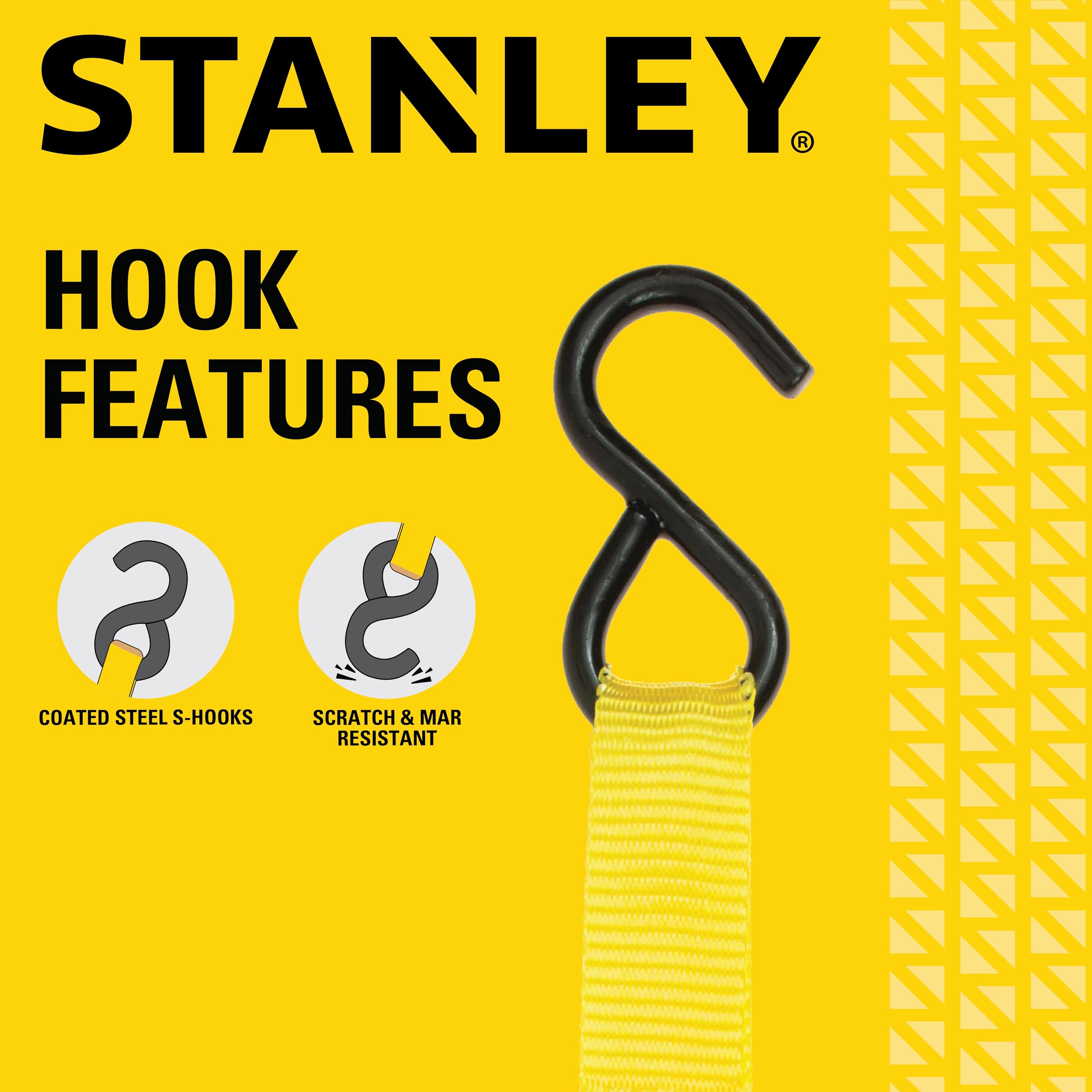 STANLEY S9500 Ratschengurt, 2,5 cm x 3 m, leichte Ladung (136 kg Arbeitslast, 408 kg Bruchfestigkeit), 4 Stück, Schwarz/Gelb 6