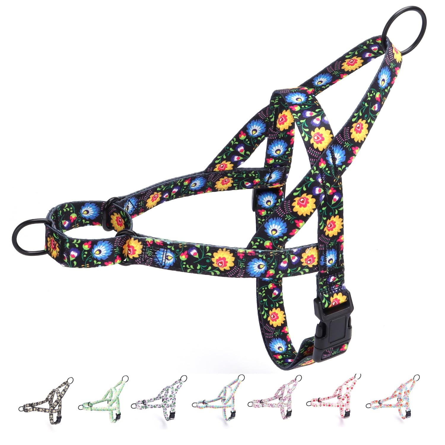 haoyueer No Pull Dog Harness for Small, Medium, and Large Pets - Floral Pattern Nylon Safety Training Harness (Black, M)