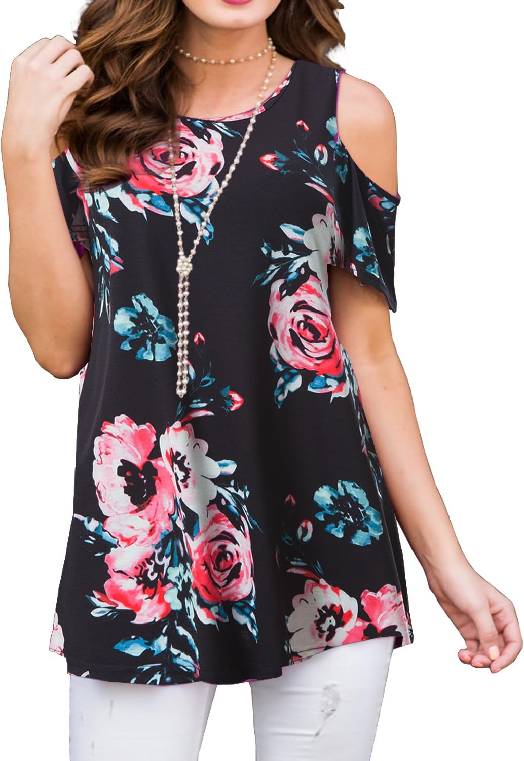 PrinStory Women's Short Sleeve Casual Cold Shoulder Tunic Tops Loose Blouse Shirts