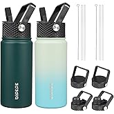 BJPKPK 2 Pack Insulated Water Bottles with Straw Lids, 18oz Stainless Steel Metal Water Bottle with 6 Lids, Leak Proof BPA Free Jugs, Cups, Flasks for Travel, Sports (Army Green+Mint)