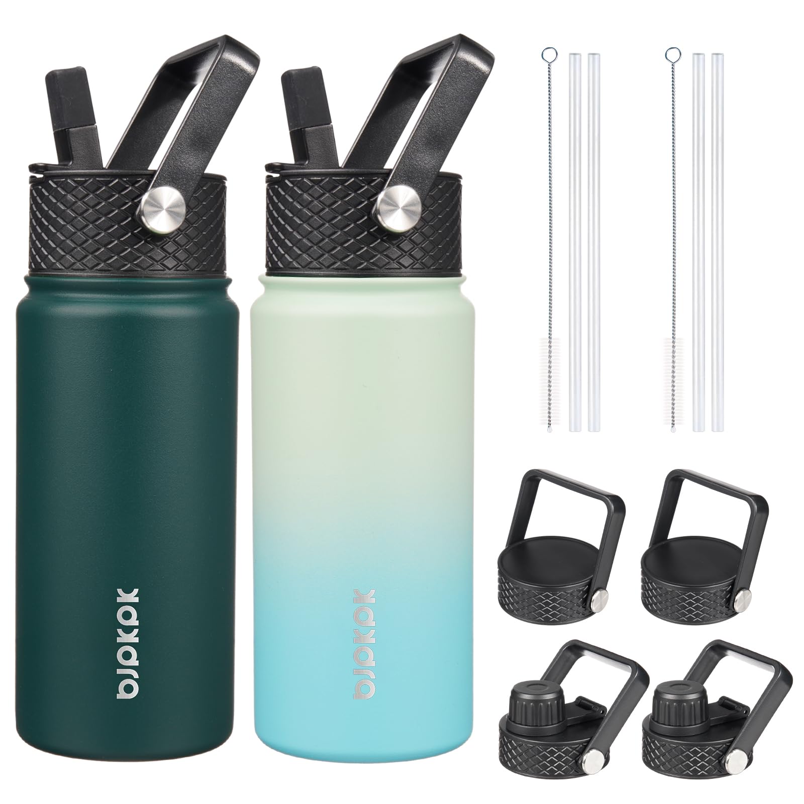 Photo 1 of BJPKPK 2 Pack Insulated Water Bottles with Straw Lids, 18oz Stainless Steel Metal Water Bottle with 6 Lids, Leak Proof BPA Free Thermo, Cups, Flasks for Travel, Sports (Army Green+Mint)