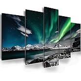 EPHANY Green Sky Night Painting - 5 Pieces Wall Art Art - Aurora Scenery Painting on Canvas Landscape Stretched and Framed Canvas Paintings Ready to Hang for Home Decorations Wall Decor