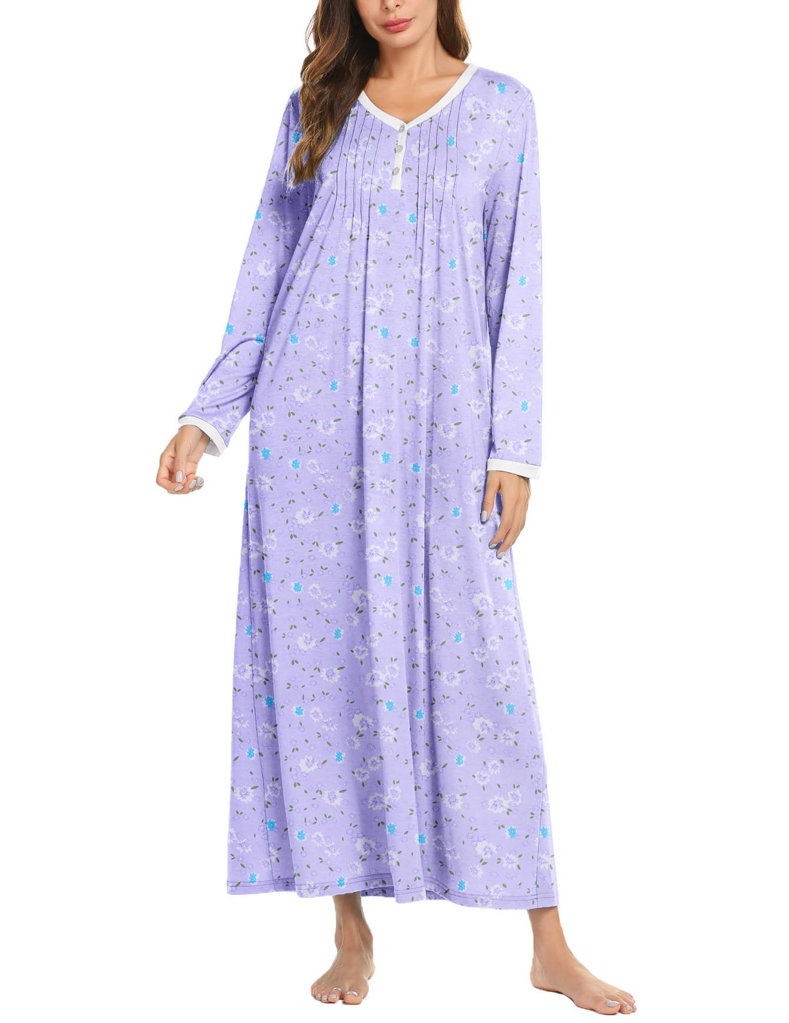 Ekouaer Women's Long Sleeve Nightgown Long Sleepshirts Henley Sleep Dress Full Length Sleepwear S-4XL Image