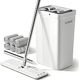 JOYMOOP Mop and Bucket with Wringer Set, White Flat Squeeze Mop Bucket Set for Floor Cleaning, Hands Free Wet Dry Mop for Wal