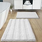 Yimobra Bathroom Rug Set 2 Piece, Soft Absorbent Chenille Bath Mat Set, Non Slip Machine Washable Quick Dry, Plush Shower Rugs for Bathroom Floor Sink Tub and Shower Outside, 32"x20"+24"x17", White