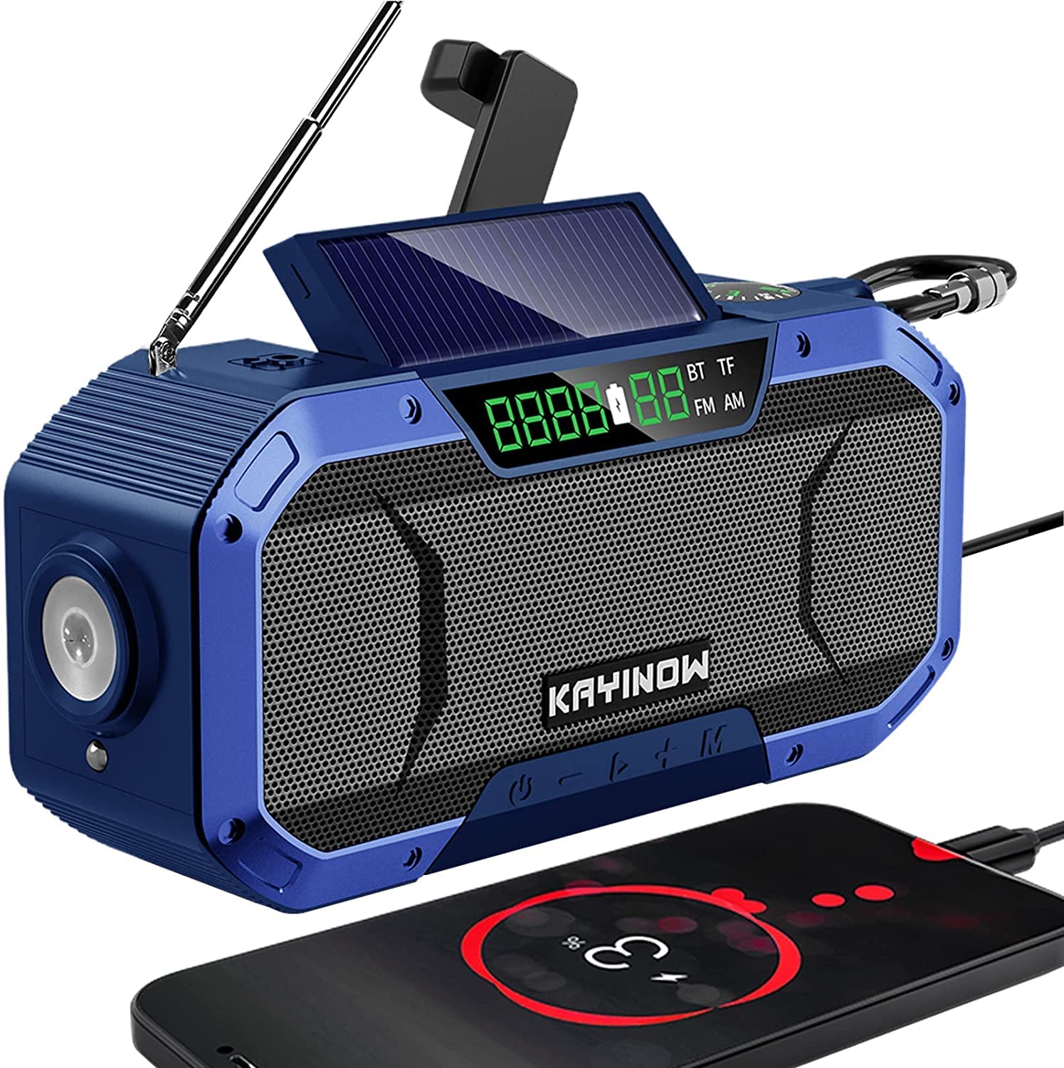 Portable Bluetooth Speaker w/Wind Up Radios AM FM - 5000mAh IPX6 Waterproof Emergency Hand Crank Weather Radio, Solar Dynamo Radio w/LED Torch Light, SOS Alarm, USB Cell Phone Charger (Blue)