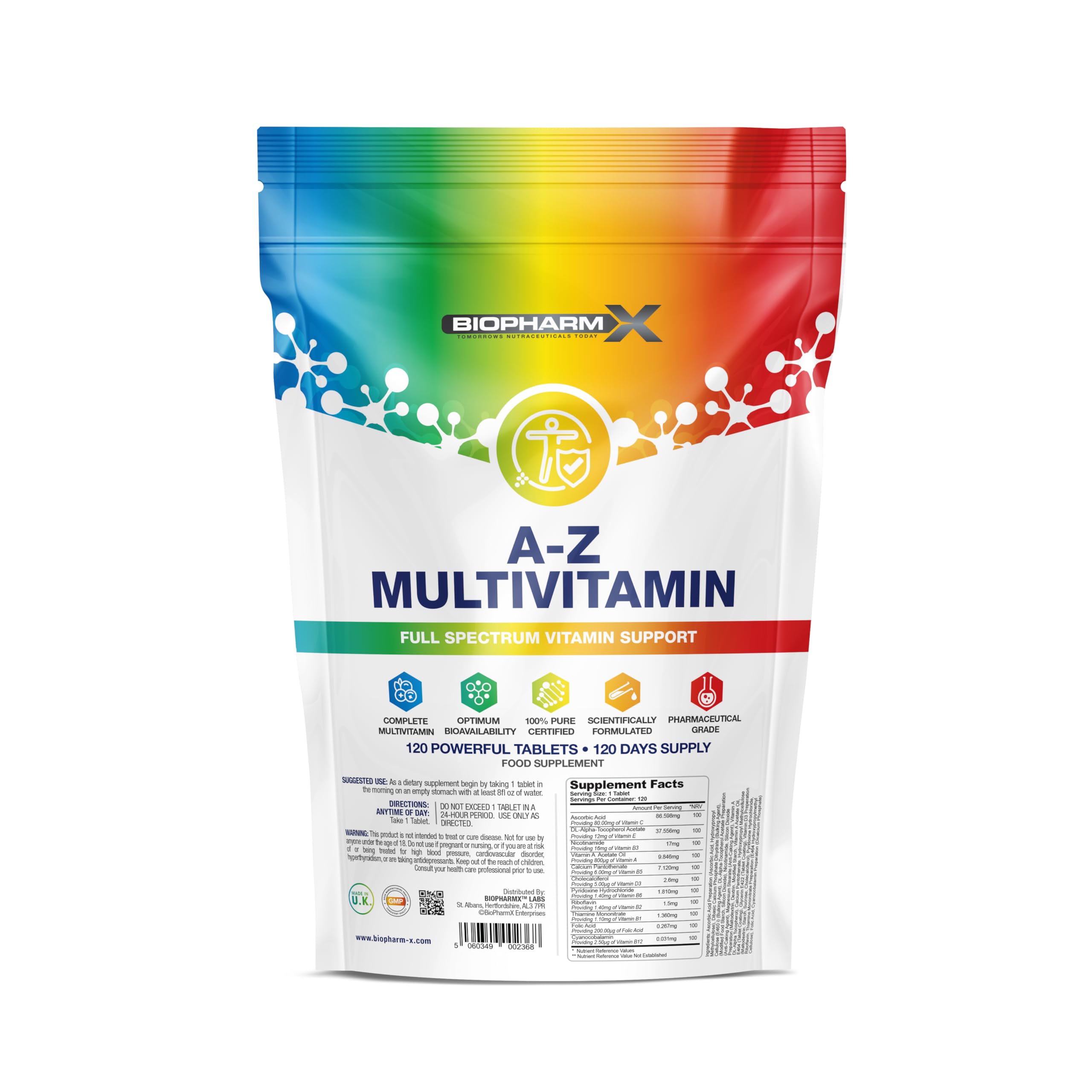 Premium A to Z Multivitamin Tablets (120 Tablets - 1 Per Day) 100% Daily NRV All Essential Vitamins - Manufactured in The UK by BioPharmX