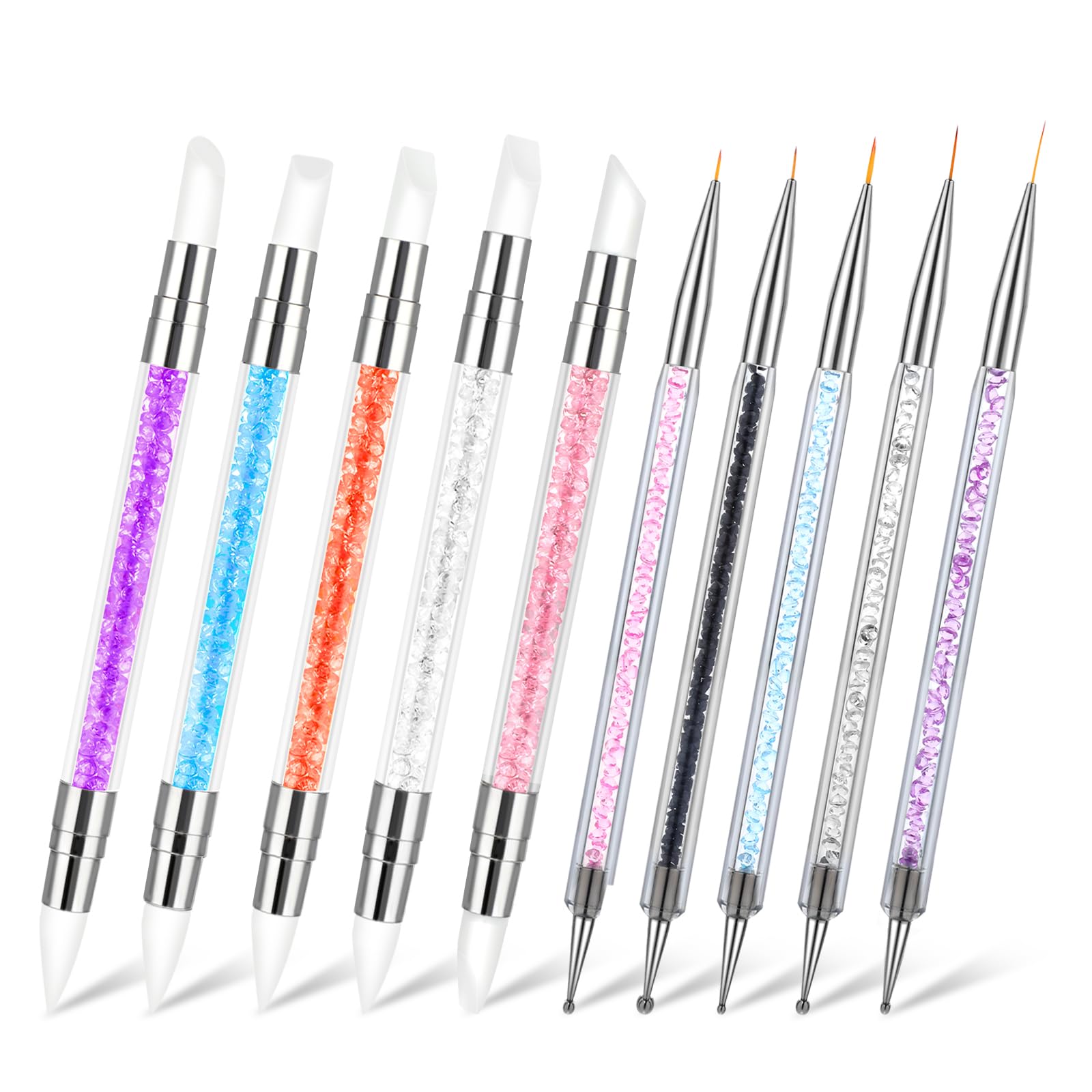 Photo 1 of 10 Pcs Nail Art Brushes Set, Double Ended Nail Liner Brush Dotting Pen Art Point Drill Drawing Tools Nails Pen Silicone Brushes for Design Foil Carving Effect Shaping Drawing