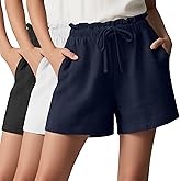 Neer 3 Pack Women's Linen Shorts with Pockets Drawstring High Elastic Waisted Wide Leg Loose Casual Summer Shorts