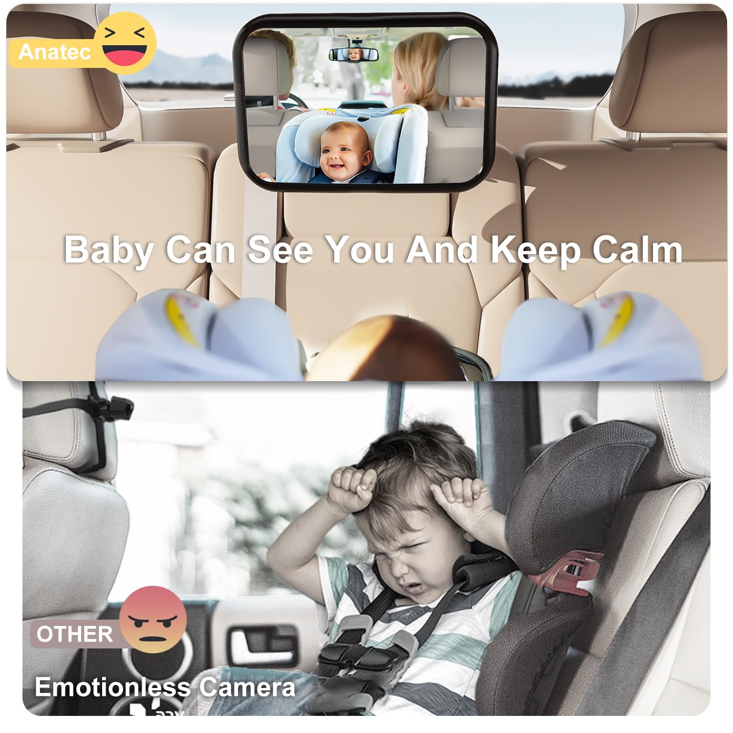 Anatec Baby Car Mirror, Rear Facing Car Seat Mirror for Infant Newborn with Hook Clip Design, Non-Shaking Wide Crystal View Shatterproof Crash Tested Adjustable