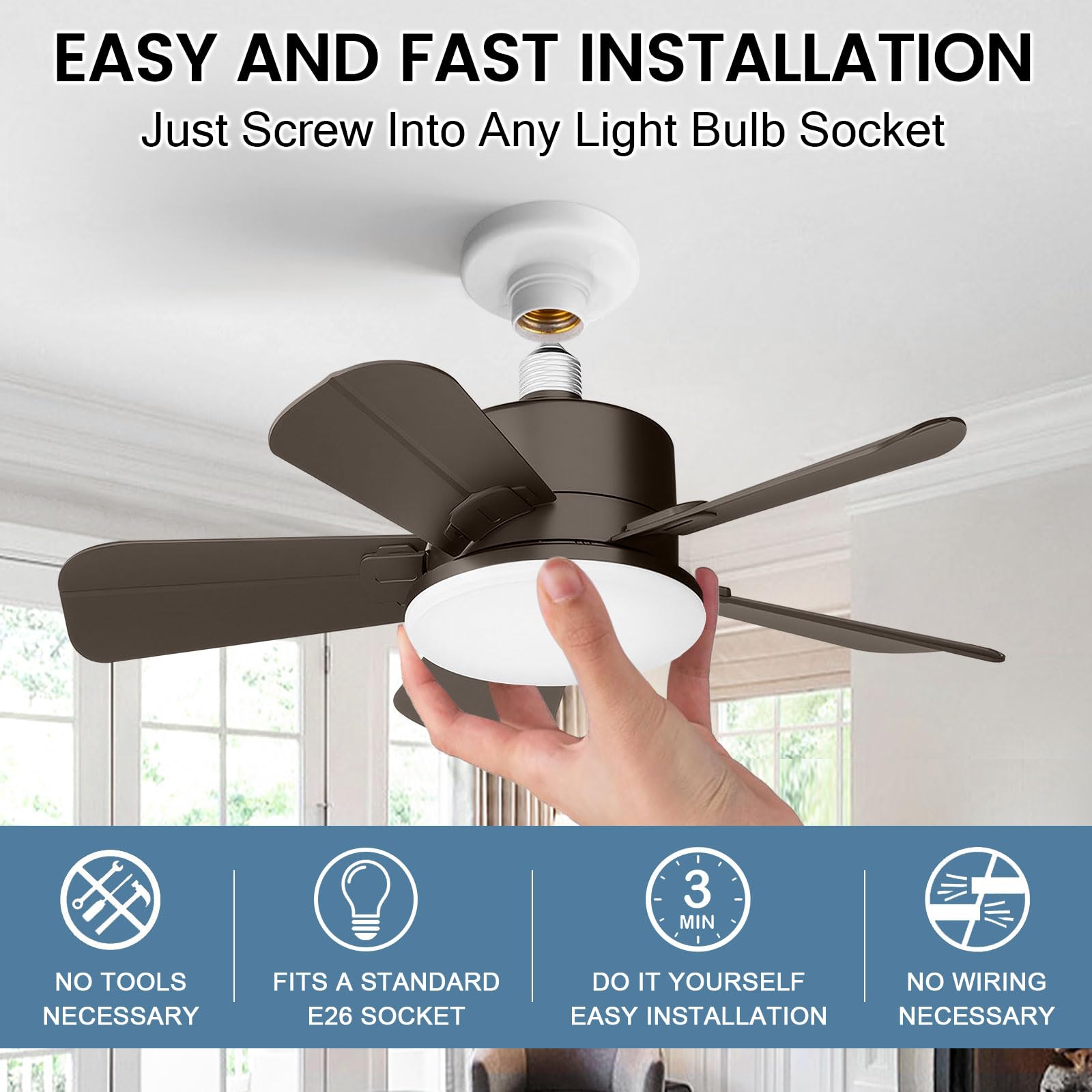 OKYUK Ceiling Fans with Lights,19in Small Ceiling Fan ceiling fans with and remote, with 6-Speeds, definite time, Dimmable LED, E26/E27 Base, for Bedroom, Kitchen, Living Room,Garage Fan (Brown)