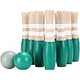 Sterling Sports Wooden Lawn Bowling 9" Skittles Set with Carrying Mesh Bag for Indoors and Outdoors - 10 Wooden Pins and 2 Balls, Green/Turquoise and Gray