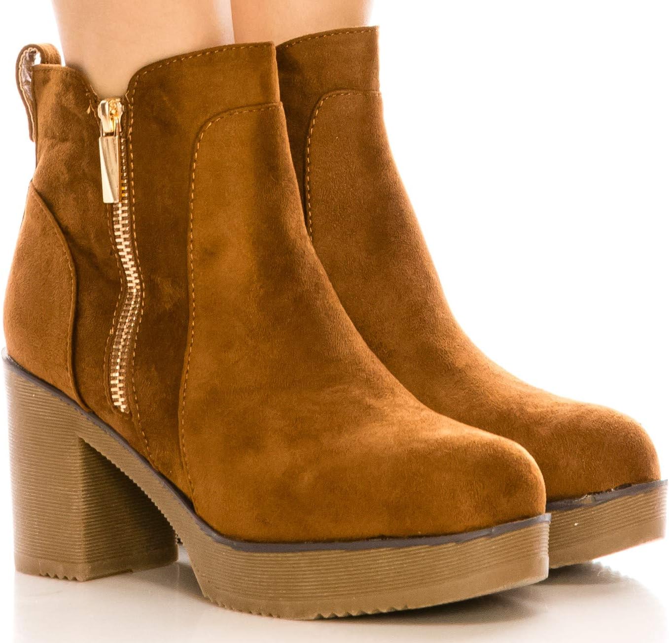 CALICO KIKI Women's Side Zip Up Suede Fashion Ankle Bootie Chunky Heel