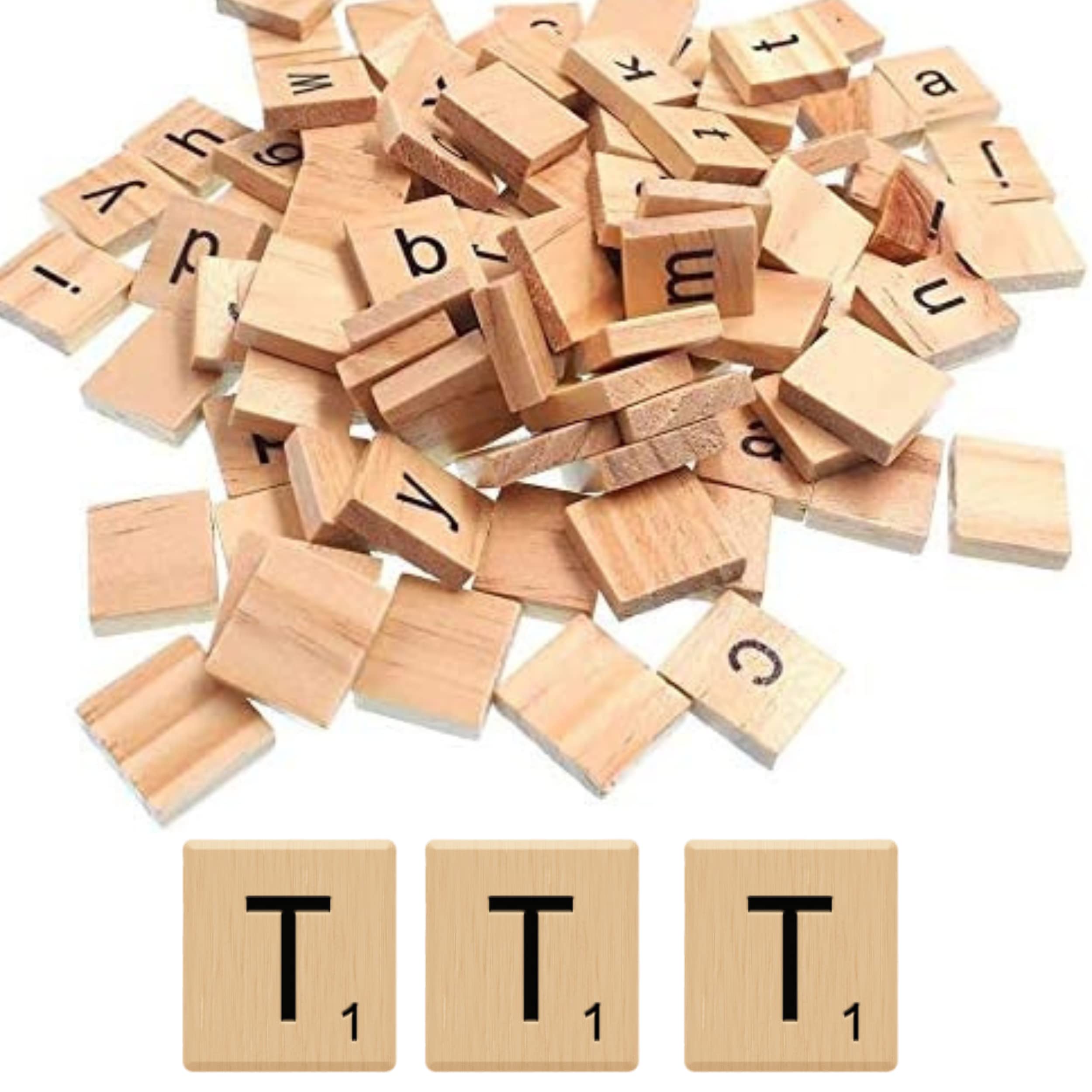Glamified Pack of 100 - T Scrabble Tiles - Same Letters Bags -WOODEN SCRABBLE TILES BLACK LETTERS NUMBERS FOR CRAFTS WOOD ALPHABETS (Letter T, Pack of 100 Tiles)