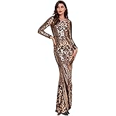 DQHKOW Women's Long Sleeve Sequins Mermaid Gown Long Formal Prom Party Dress