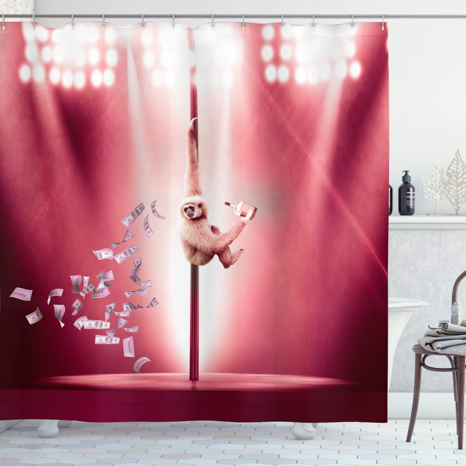 ABAKUHAUS Funny Shower Curtain, Monkey on a Pole Whiskey Pastel Colored Composition Whimsical Motif, Cloth Fabric Bathroom Decor Set with Hooks, 94 Inches, Magenta Pale Brown