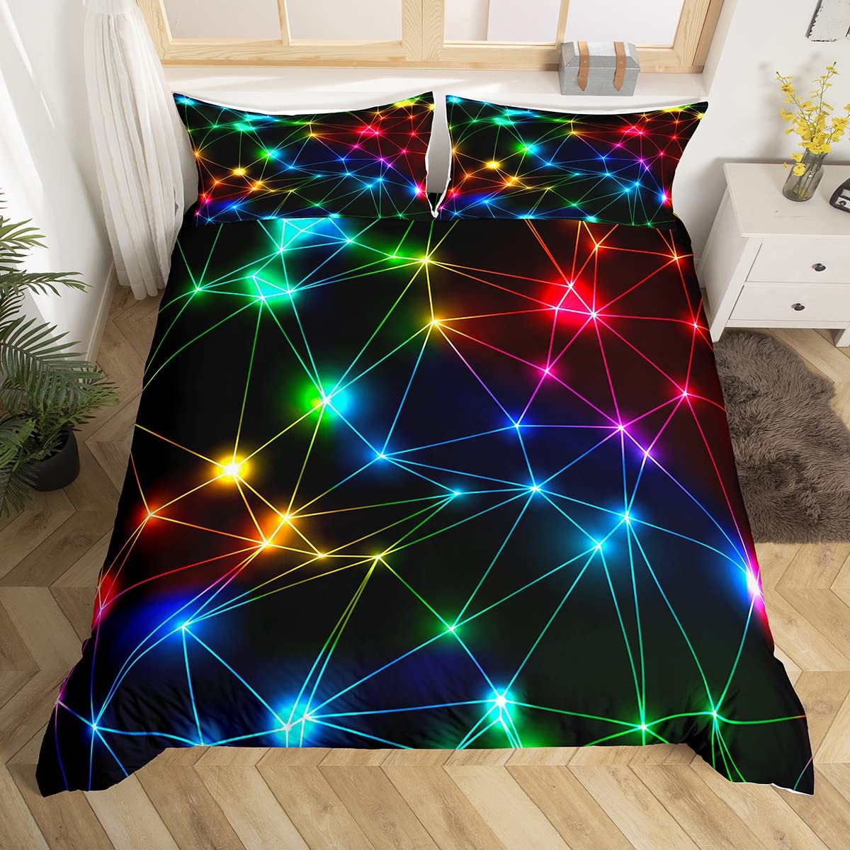 Photo 1 of Rainbow Neon Lights Duvet Cover Queen Size,Colorful Glowing Crossed Stripes (Not Glowing) Comforter Cover(No Filler) with 2 Pillows for Teens Adults,Geometric Modern Breathable 3 Pcsative Bed Cover