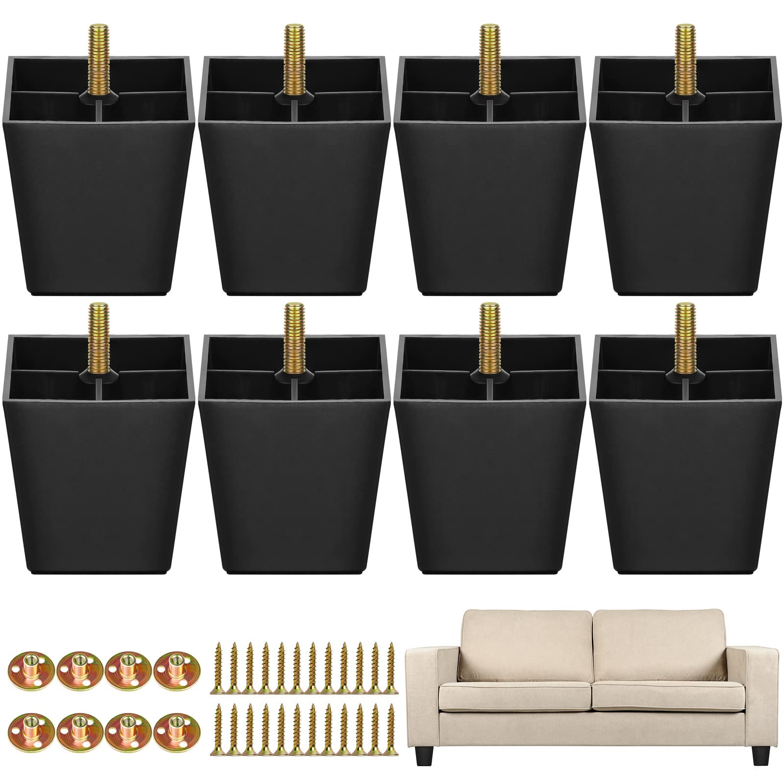 Photo 1 of TURSTIN Furniture Legs Plastic Sofa Coach Legs Square Tapered Feet Sofa Legs with M8 T-Nuts Screws for Legs Sofas Chairs Cabinets Dressers Beds, Black (8, 3 Inches)